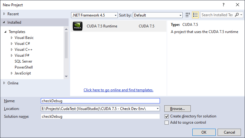 Visual Studio new Nvidia CUDA project