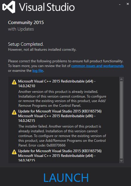 Visual Studio Community 2015 install errors